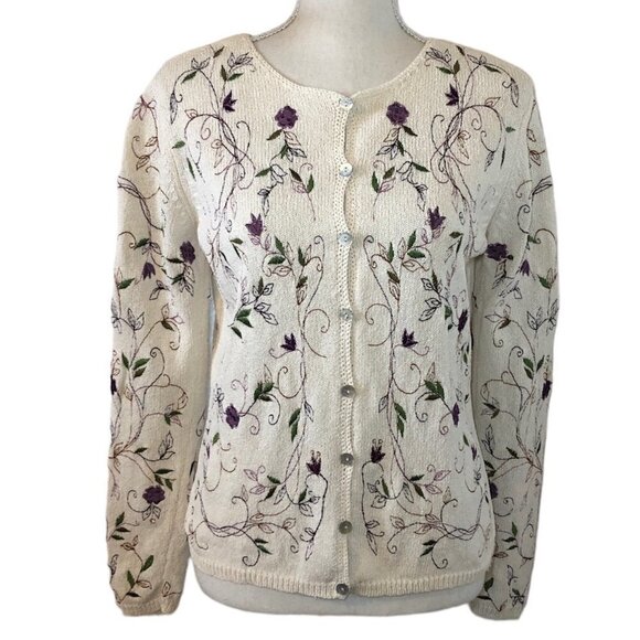 VTG KNITTING NEEDLES Silk Cardigan Women’s Size Small Cream Floral Embroidery - Picture 7 of 7